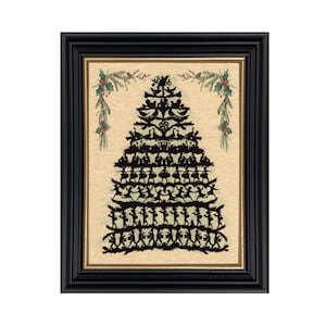 May include: A framed print of a black silhouette Christmas tree made of paper cutouts. The tree is decorated with birds, swans, and dancers. The background is a light brown with green and red accents.