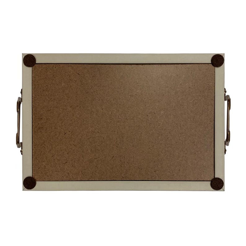 May include: Rectangular serving tray with a light beige frame and a brown interior. The tray has dark metal handles on each side and small, round, dark brown feet at each corner.