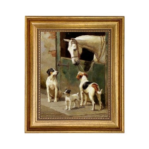 Dogs and Horse at Stable Oil Painting Print on Canvas, Horse Painting, Equestrian Decor, English Country Decor, Gallery Wall Art, Art Print
