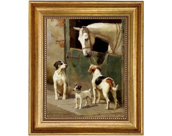 Dogs and Horse at Stable Oil Painting Reproduction Print on Canvas in Antiqued Gold Frame