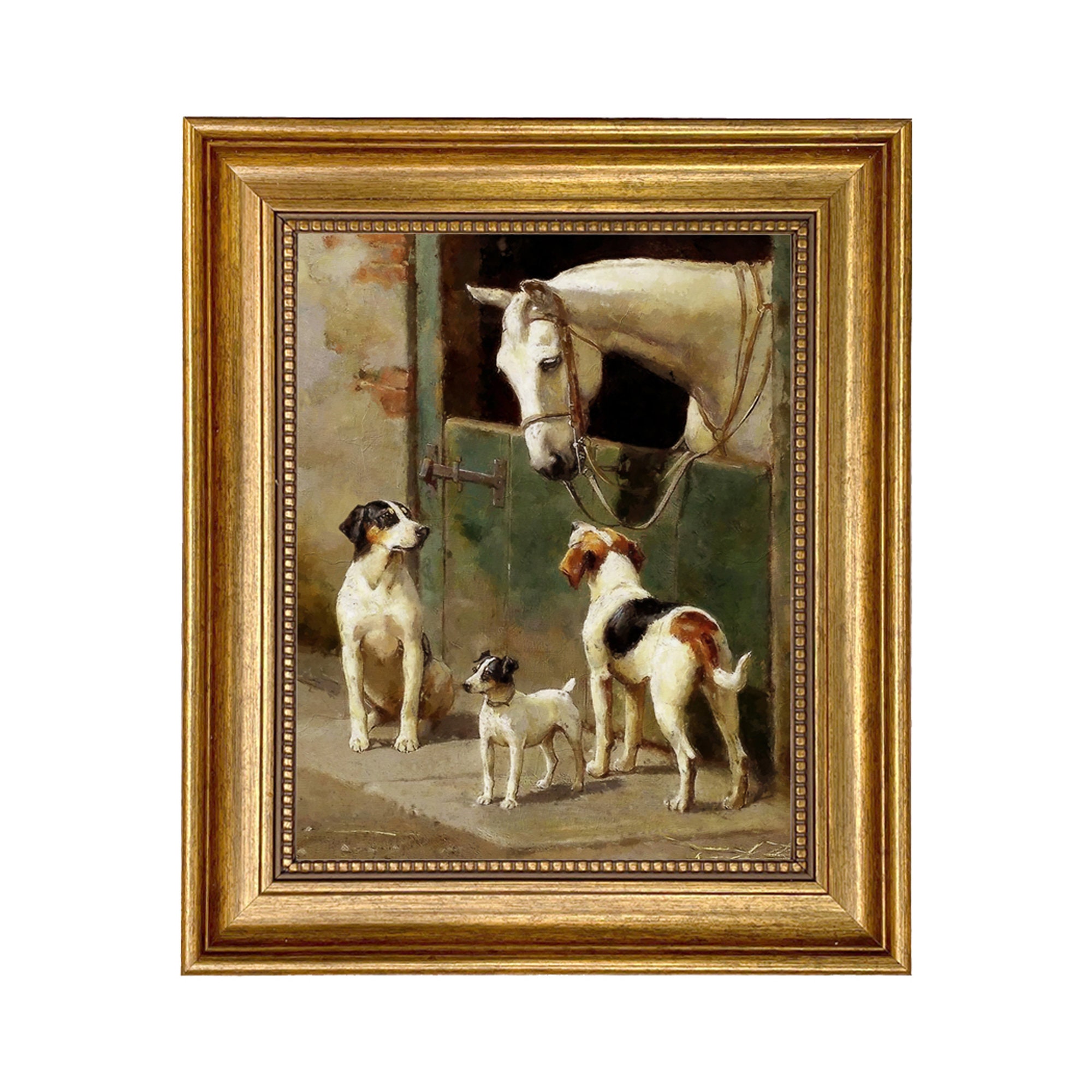 Dogs and Horse at Stable Oil Painting Print on Canvas, Horse Painting, Equestrian Decor, English Country Decor, Gallery Wall Art, Art Print