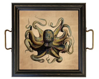 Watercolor Octopus Tray: Coastal Nautical Decor with Brass Handles
