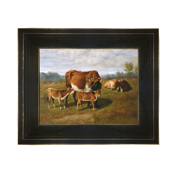 Peinture à l'huile sur toile Vache avec veaux encadrée dans cadre en bois noir vieilli