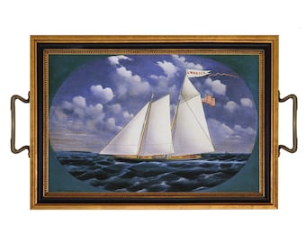 Folk Art Sailboat Tray, Yacht "America" Print, Nautical Coastal Decor