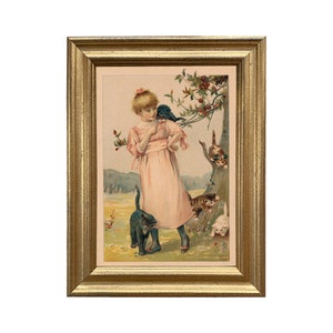 Young Girl with Pet Cats 5x7” Framed Print Behind Glass, Antique Style, Antique Nursery, Girl’s Bedroom, Cat Lover, Wall Art, Gallery Wall