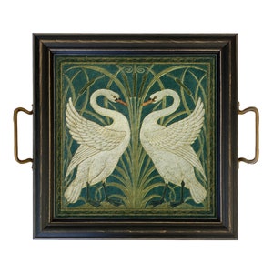 12&quot; Two White Swans Decorative Tray with Brass Handles, Tabletop Tray, Coffee Table Tray, Swan Tray, Swan Decor, Grandmillennial Decor
