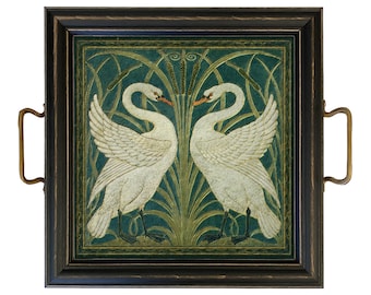 12" Two White Swans Tray with Brass Handles