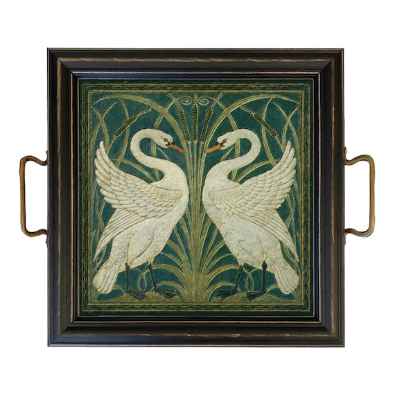 Art Nouveau Swans Tray, Decorative Wood Frame, Brass Handles (12