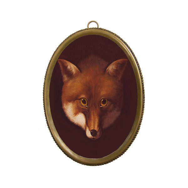 6-1/4" Fox Head Print in Antiqued Beaded Brass Frame- Antique Vintage Style