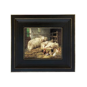 Sheep and Chickens Framed Oil Painting Print on Canvas, Antique Style, Farmhouse Wall Art, Farm Animals, Laundry Room, Gallery Wall Art