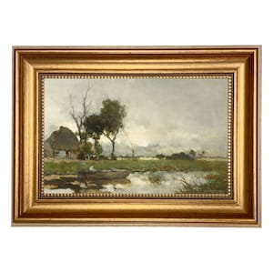 Dutch Landscape with Cottage Framed Oil Painting Print on Canvas in Antiqued Gold Frame, Framed Landscape, Landscape Art, Gallery Wall Art