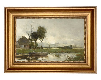Impresión en lienzo de pintura al óleo de paisaje holandés enmarcado, escena de cabaña, marco dorado