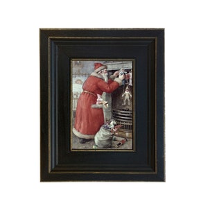Santa Filling Stockings Framed Oil Painting Print on Canvas in Distressed Black Wood Frame Christmas Wall Art