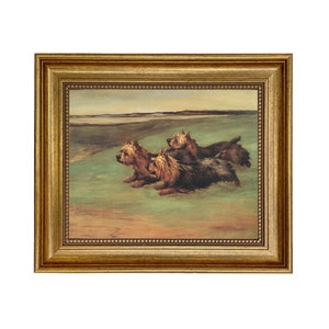 Three Yorkshire Terriers Framed Oil Painting Print on Canvas, Vintage Dog Art