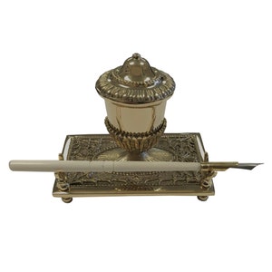 5&quot; Brass Inkwell Pen Holder with Bone Nib Pen and Ink Powder- Antique Vintage Style