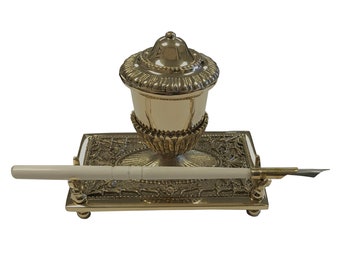 5" Brass Inkwell Pen Holder with Bone Nib Pen and Ink Powder- Antique Vintage Style