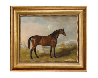 A Bay Hunter Framed Oil Painting Print on Canvas, Equestrian Wall Art,