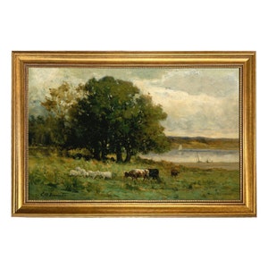 Cows and Sheep in a Landscape Pastoral Oil Painting Print on Canvas in Antiqued Gold Fame, Framed Landscape,  Landscape Art, Sheep Landscape