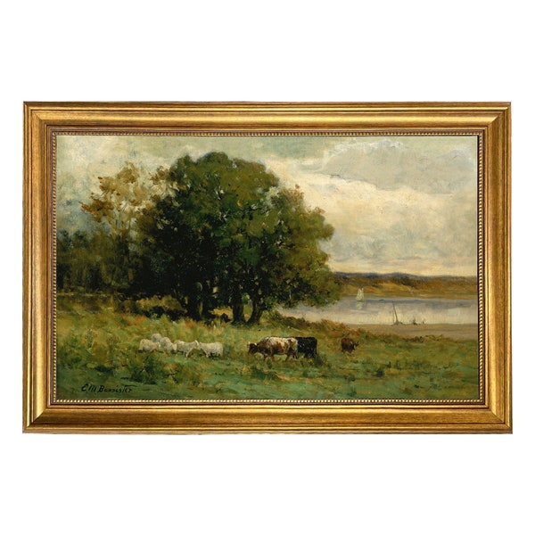 Koeien in een landschap pastorale olieverfschilderij op canvas in verouderde gouden roem