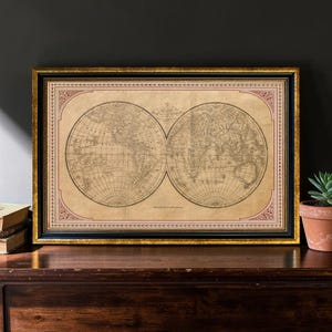 Framed Old World Map Print, Antique Style Decor, Library Wall Art