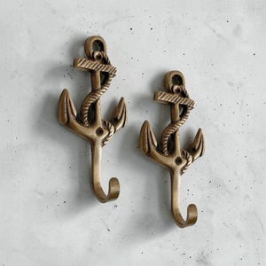 Set of 2 Antiqued Brass Anchor Hooks: Nautical Coastal Decor