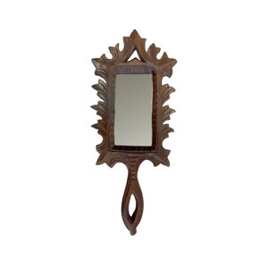 Hand-Carved Wood Hand Mirror, Colonial Early American Style