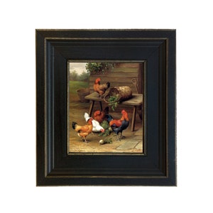 Roosters and Turnips Framed Oil Painting Print on Canvas, Antique Style, Rustic Farmhouse Decor, Farm Animal Art, Gallery Wall Art