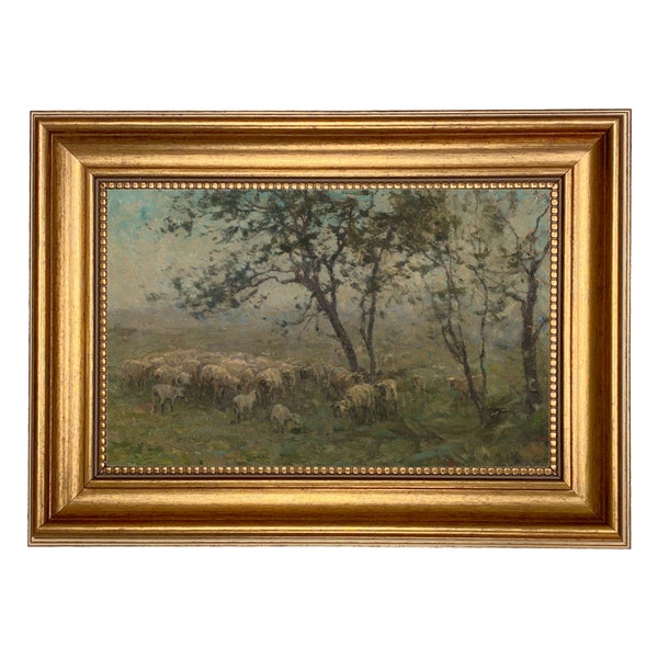 Flock of Sheep Small Landscape Framed Oil Painting Print on Canvas