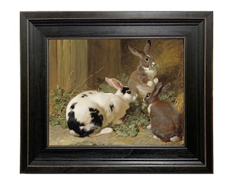 Three Rabbits Framed Oil Painting Print on Canvas, Black Distressed Frame, Rabbit Print, Bunny Print, Easter Decor, Spring Wall Art