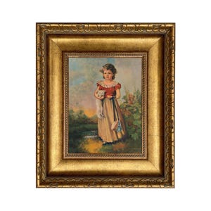 Chums, peinture à l'huile sur toile encadrée fille avec chat, portrait de jeune fille, art mural de galerie, chambre de bébé de style vintage