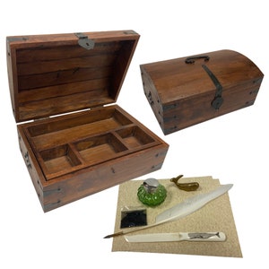 14&quot; Whaler&#39;s Sea Captain Writing Chest, Bone Letter Opener, Brass Whale Paperweight, Inkwell, Ink, Quill, Paper- Antique Vintage Style