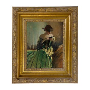 Portrait of Woman in Black and Green Dress Framed Canvas Print, Vintage ...