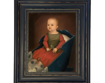 Baby in Cradle Framed Folk Art Canvas Print, Primitive Decor, Early American Art