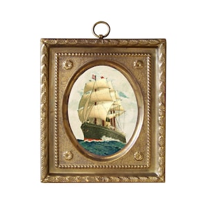 Impresión de velero de 11,5 cm con marco de latón repujado - Estilo antiguo vintage