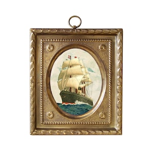 4-1/2" Sailing Ship Print in Embossed Brass Frame- Antique Vintage Style