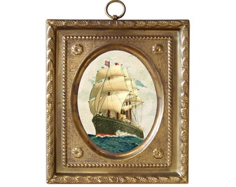 4-1/2" Sailing Ship Print in Embossed Brass Frame- Antique Vintage Style