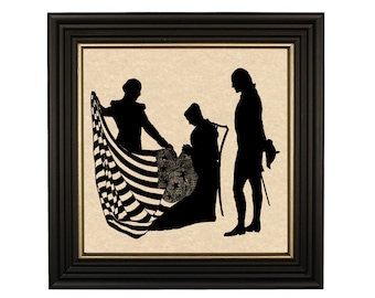 May include: A black and white silhouette image of three people standing in front of a striped flag. The people are dressed in formal attire and appear to be in a ceremony.