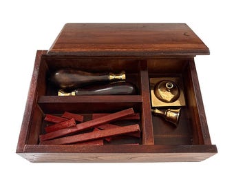 Wax Seal Kit with Wooden Writing Box, Brass Stamps, Sealing Wax, and Candle Holder