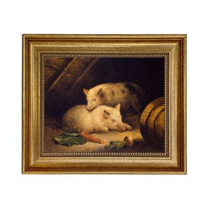 May include: A framed painting depicts two pigs resting in a barn setting. One pig is lying down, while the other is resting on top. A carrot, a turnip, and a green leaf are in the foreground. The painting is in a gold-colored frame.