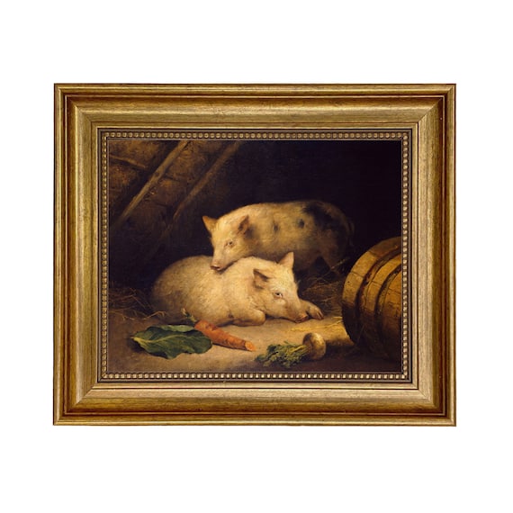 Two Pigs Framed Canvas Print, Farmhouse Wall Art, Antique-Style Decor