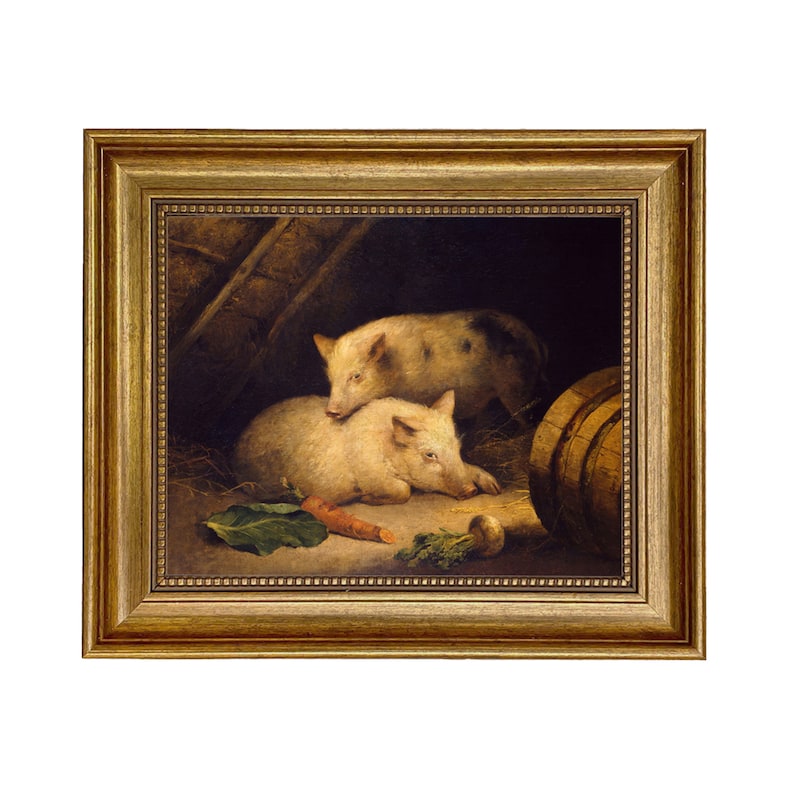 May include: A framed painting depicts two pigs resting in a barn setting. One pig is lying down, while the other is resting on top. A carrot, a turnip, and a green leaf are in the foreground. The painting is in a gold-colored frame.