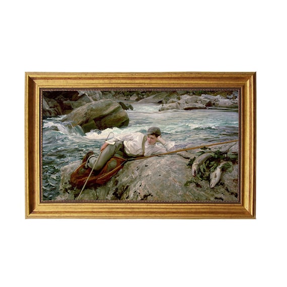 Boy With His Catch Fly Fishing Framed Oil Painting Print on Canvas in  Antiqued Gold Frame -  Canada