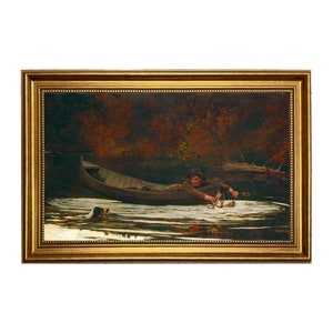 May include: A painting of a man in a boat with a dog in the water. The man is holding a fishing rod and the dog is swimming towards him. The scene is set in a forest with autumn leaves.