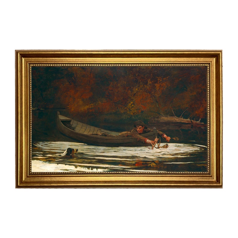 May include: A painting of a man in a boat with a dog in the water. The man is holding a fishing rod and the dog is swimming towards him. The scene is set in a forest with autumn leaves.