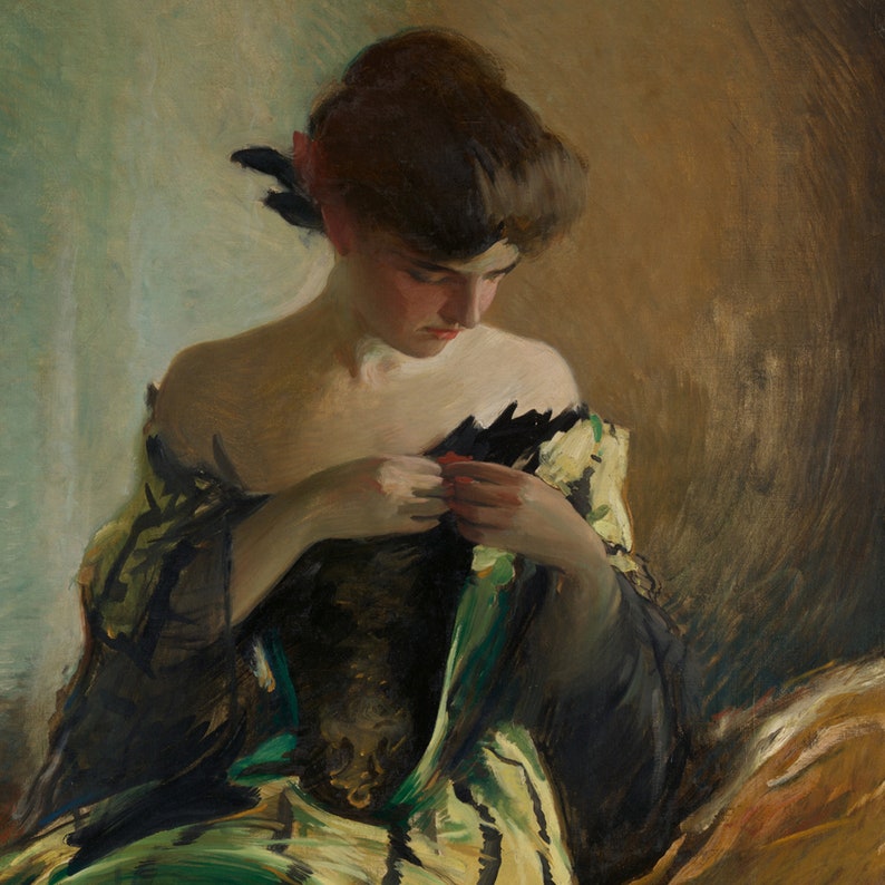 Portrait of Woman in Black and Green Dress Framed Canvas Print, Vintage ...