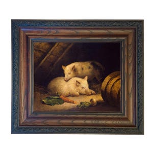 May include: A framed painting depicts two pigs resting in a barn setting. One pig is lying down, while the other is resting its head on the first. A carrot and other vegetables are in the foreground. The frame is dark wood.