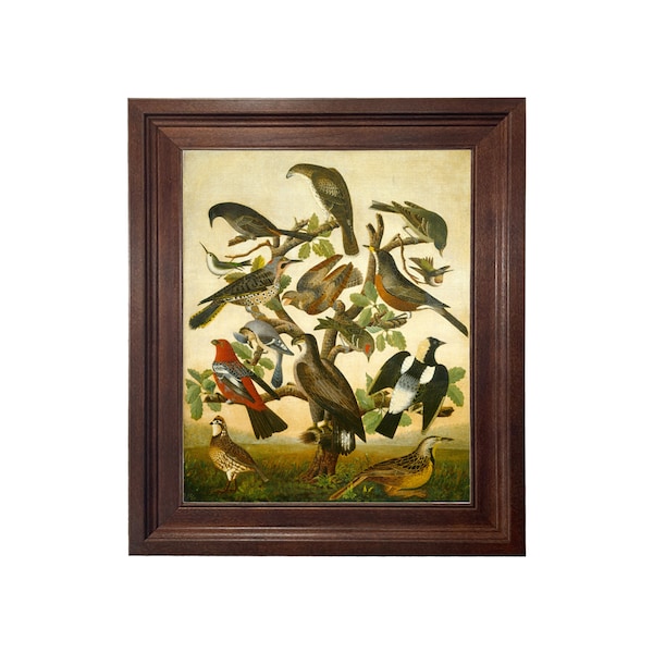 Framed Birds in Tree Canvas Print, Vintage Style Art, Distressed Wood Frame
