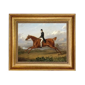 Gentleman on a Galloping Chestnut Horse Framed Oil Painting Print on Canvas, Equestrian Wall Art, English Equestrian Decor, Horse Lover Gift