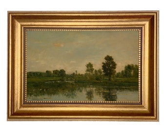 Marsh with Ducks French Landscape Oil Painting Print on Canvas in Antiqued Gold Frame