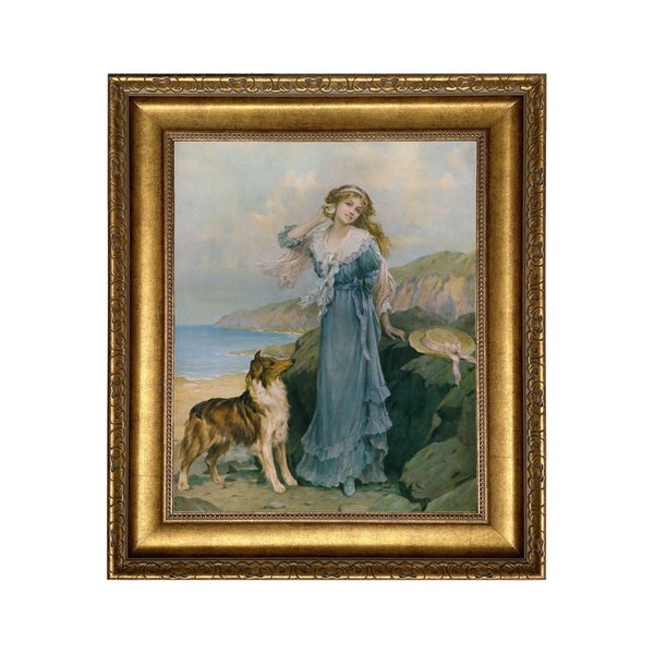 By the Seaside Victorian Woman and Collie Oil Painting Print on Canvas in Wide Antiqued Gold Frame